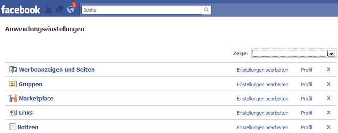 Facebook Andwendungseinstellungen